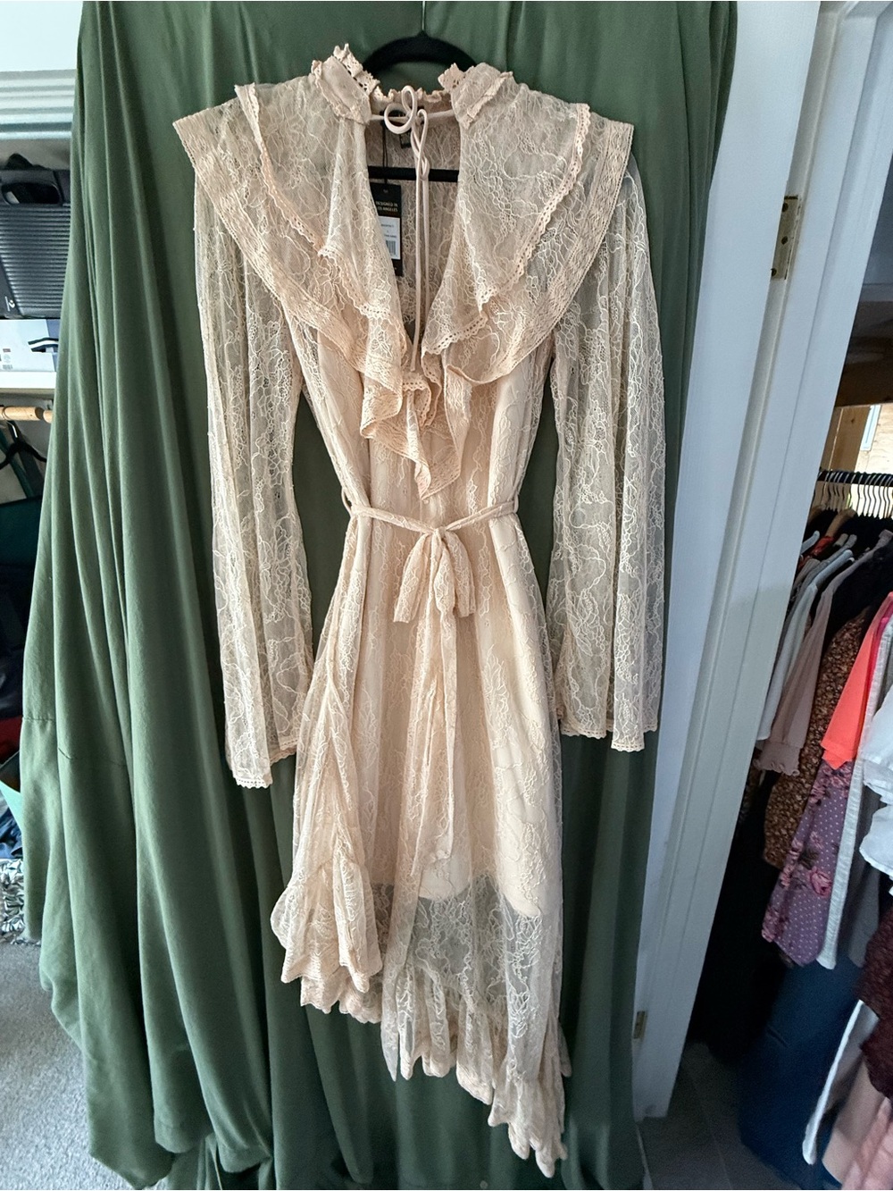 AFRM Lace Ruffle Trim Asymmetrical Dress - shifting sand SZ L